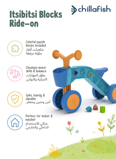 ItsiBitsi Blocks Light Blue & Orange Toddler Ride-On Car with Building Blocks | Steering Limiter | 4-Wheel Base | 1-3 years