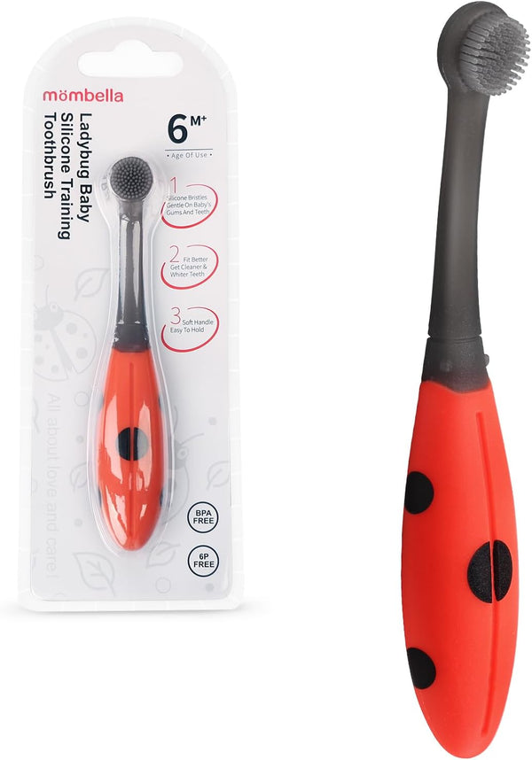 Mombella Ladybug Baby Silicone Training Toothbrush for 6+ Months – Soft BPA-Free Silicone, Gentle Bristles for Teething Relief & Oral Care, Safe and Fun Design