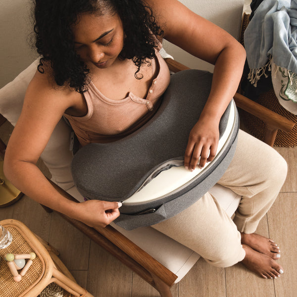 Frida Mom Adjustable Nursing Pillow - Customizable Breastfeeding Pillow for Mom + Baby Comfort with Back Support, Adjustable Wrap Around Waist Strap, Pockets for Heat Relief