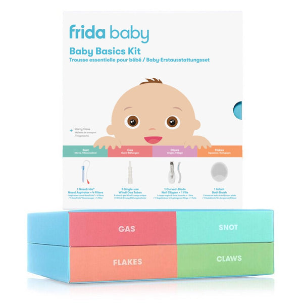 Frida Baby Basics Kit | Baby Essentials Kit Includes Nasal Aspirator Snotsucker, NailFrida Nail Files, Windi Gas Relief, DermaFrida Bath Brush + Silicone Carry Case