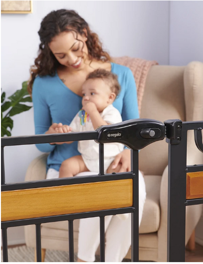 Home Accents Extra Tall Designer Baby Gate – Stylish Safety for Your Home | Pressure Mount & Walk-Through Door | Secure & Durable Metal Frame with Wood Accents