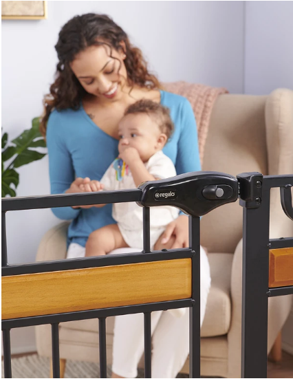 Home Accents Extra Tall Designer Baby Gate – Stylish Safety for Your Home | Pressure Mount & Walk-Through Door | Secure & Durable Metal Frame with Wood Accents