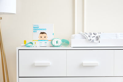 Fridababy Baby Grooming Kit by Fridababy (Includes Finger Brush with Storage Stand, Hair Brush with Case Styling Hair Comb, Easy Grip Nail Scissors with Nail File and Case)