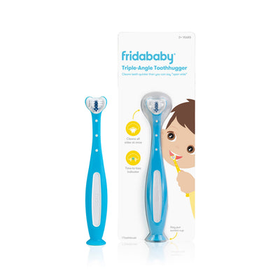 Frida Baby Training Toothbrush | Toddler Toothbrush for 18-24 Months, Easy-Grip Handle, Triple Angle Bristles, Soft Toothbrush Bristles, Stay-Put Suction Cup | Blue