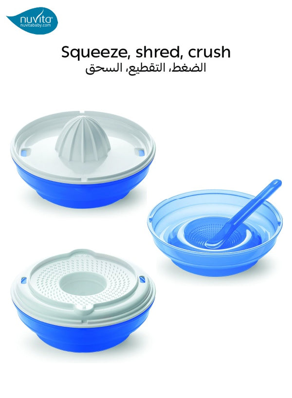 Multifunctional Feeding Set | 4-in-1 Meal Set | Plate with Suction Cup | Fruit Grater | Lemon Squeezer | Bowl & Spoon | Dishwasher & Microwave Safe | Compact & Portable | Blue