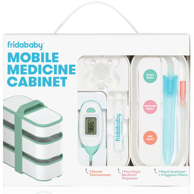 Frida Baby Mobile Medicine Cabinet Travel Kit | Baby Essentials Gift Set Includes NoseFrida Snotsucker, Rectal Thermometer, MediFrida Medicine Dispenser with Portable Carrying Case