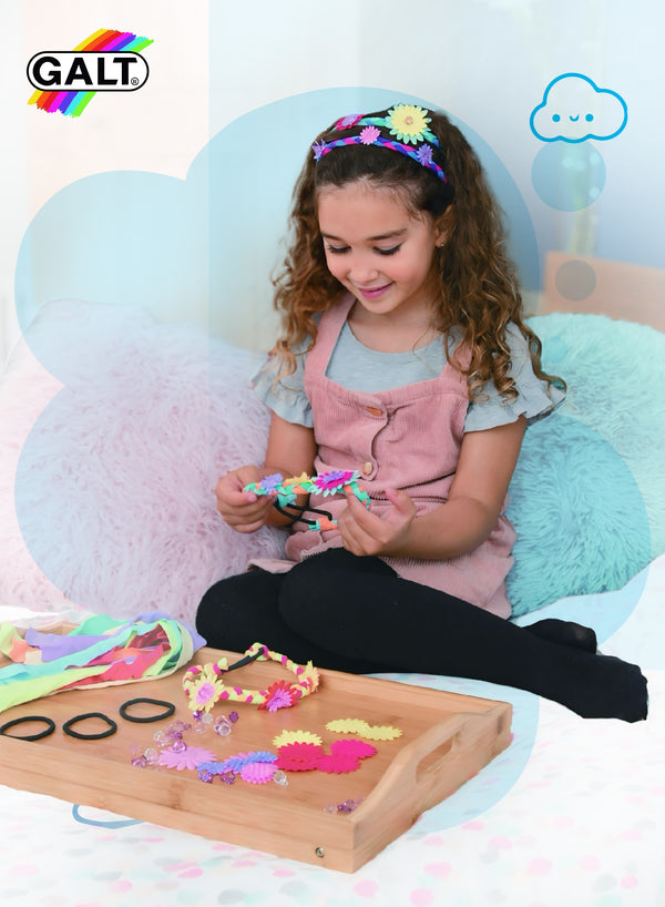Create 8 Colorful Hair Bands | Craft Kit for Kids | Easy to Make | Age 6+ | Includes Colorful Strips, Flowers, Beads | Ideal for Parties & Festivals | 22 x 7 x 31 cm
