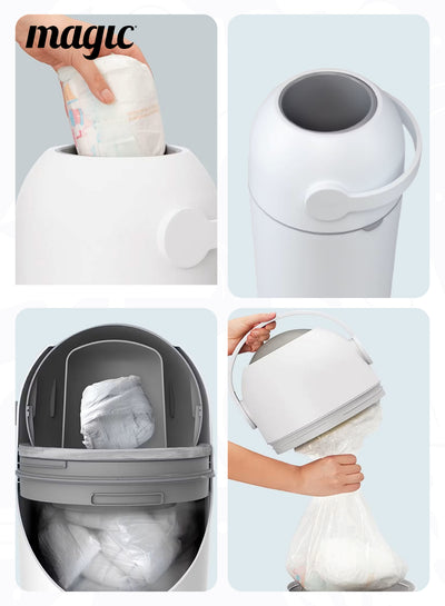 MAGIC - THOTH L Diaper Pail | Odorless & Telescopic | 2nd Life Concept: Converts to Potty Trainer, Kitchen Waste Bin, or Toilet Lid | Free Roll of 15 Bags - White