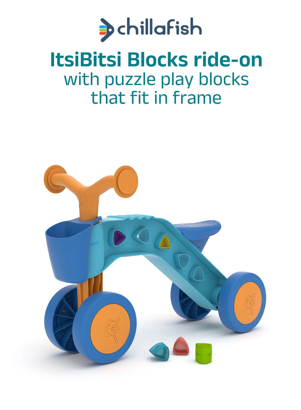 ItsiBitsi Blocks Light Blue & Orange Toddler Ride-On Car with Building Blocks | Steering Limiter | 4-Wheel Base | 1-3 years