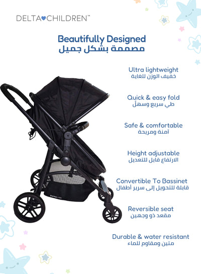 Easy One-Fold Ultralight 2-in-1 Baby Stroller | Reversible Seat | Bassinet Mode | 92x56x110 CM | Lightweight | Newborn to Toddler | Black | Compact Travel