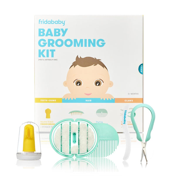 Fridababy Baby Grooming Kit by Fridababy (Includes Finger Brush with Storage Stand, Hair Brush with Case Styling Hair Comb, Easy Grip Nail Scissors with Nail File and Case)
