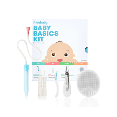 Frida Baby Basics Kit | Baby Essentials Kit Includes Nasal Aspirator Snotsucker, NailFrida Nail Files, Windi Gas Relief, DermaFrida Bath Brush + Silicone Carry Case