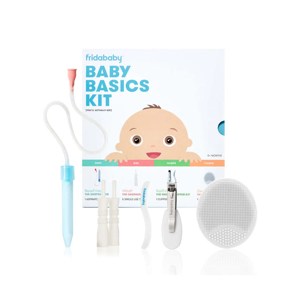 Frida Baby Basics Kit | Baby Essentials Kit Includes Nasal Aspirator Snotsucker, NailFrida Nail Files, Windi Gas Relief, DermaFrida Bath Brush + Silicone Carry Case