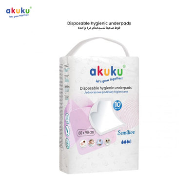 Akuku Disposable Hygienic Underpads for Baby Changing | 60x90 cm | 10 Pack | Sensitive Skin Friendly | Soft Top Layer | Leakproof Waterproof | Multi-Purpose Use
