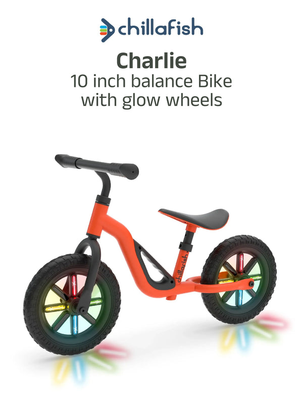 Charlie Glow Orange Kids Balance Bike with Light-Up Wheels | No Batteries Needed | Adjustable | 18-48 months