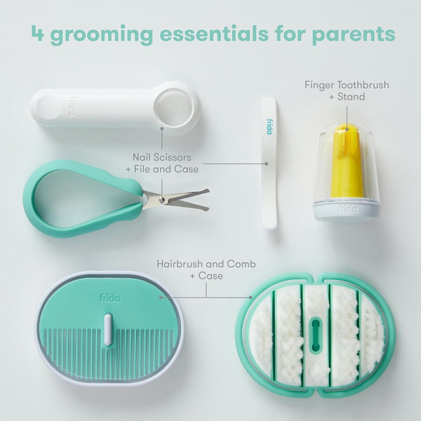 Fridababy Baby Grooming Kit by Fridababy (Includes Finger Brush with Storage Stand, Hair Brush with Case Styling Hair Comb, Easy Grip Nail Scissors with Nail File and Case)