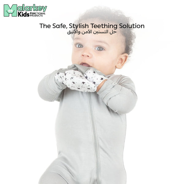 Dual-Sided Munch Mitts for Newborns | Teething & Anti-Scratch Mitts | Soft Silicone & Fabric | Adjustable Strap | 0-3 Months | Black & White Geo | Machine Washable - MINI06BW