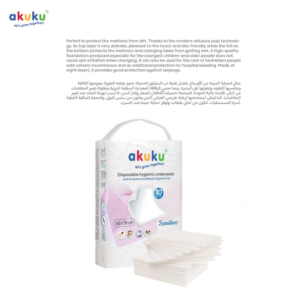 Akuku Disposable Hygienic Underpads for Baby Changing | 60x90 cm | 10 Pack | Sensitive Skin Friendly | Soft Top Layer | Leakproof Waterproof | Multi-Purpose Use