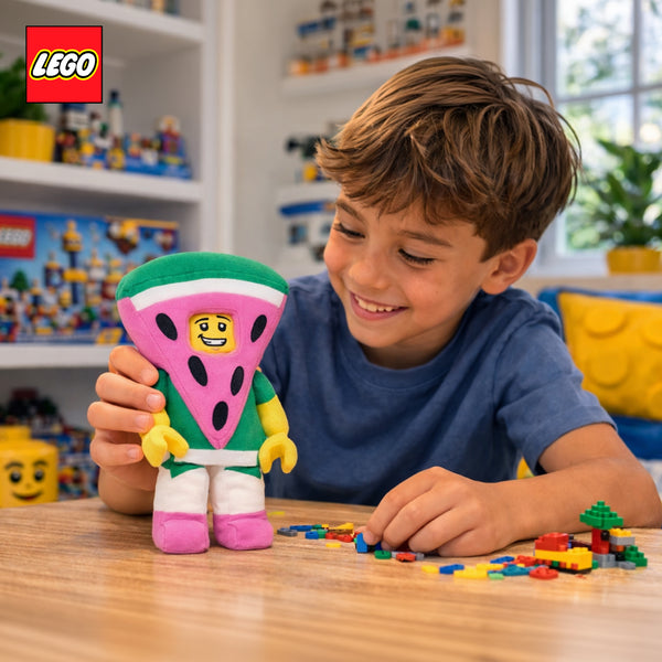 Manhattan Toys LEGO Watermelon Guy Small Plush Character Toy, Soft Collectible Costume Doll for Kids, Cute Room Decor, Gift for Boys & Girls, Stuffed Figure, 23.9 cm