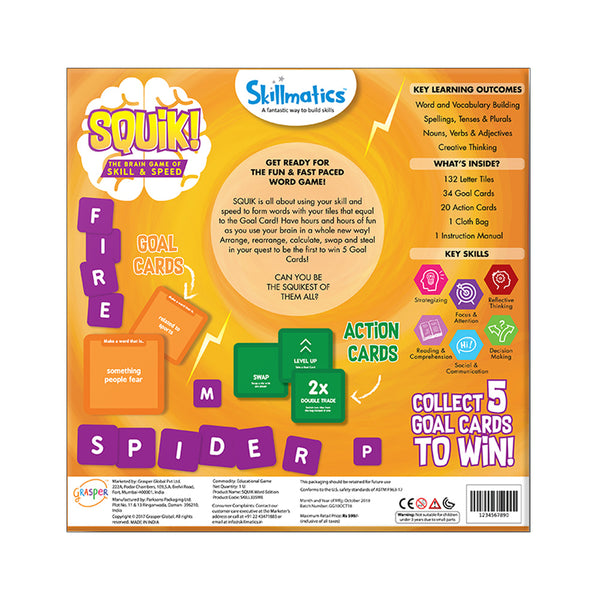 Squik Word Family Letter Tile Board Game | Fast Fun Educational Spelling Vocabulary Game | Build Words to Win Goal Cards | Kids Adults | Ages 6 and Up
