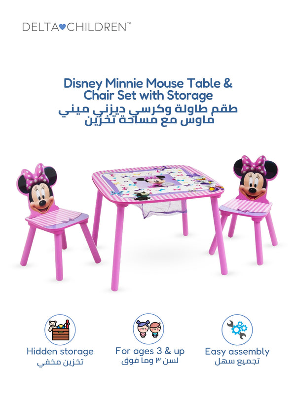 Minnie Mouse Kids Table & Chair Set with Storage Basket | Activity Study Craft Table for Girls | Pink Design | Durable Wood Build | 65.9x65.5x8.9 CM | Ages 3+