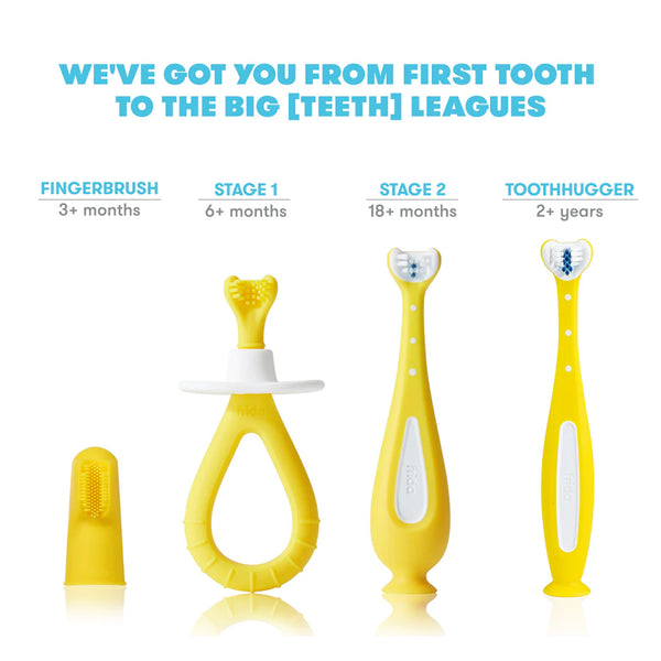 Frida Baby Training Toothbrush | Toddler Toothbrush for 18-24 Months, Easy-Grip Handle, Triple Angle Bristles, Soft Toothbrush Bristles, Stay-Put Suction Cup | Yellow