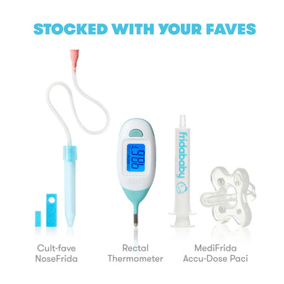 Frida Baby Mobile Medicine Cabinet Travel Kit | Baby Essentials Gift Set Includes NoseFrida Snotsucker, Rectal Thermometer, MediFrida Medicine Dispenser with Portable Carrying Case