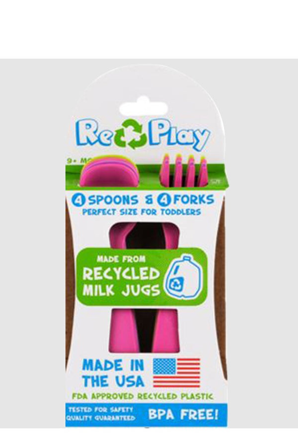 Toddler Utensil Set - Set of 8 | Purple, Bright Pink, Amethyst & Lime | BPA Free | Dishwasher Safe | Ergonomic & Easy Grip | Made from Recycled Materials