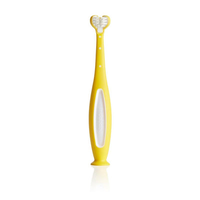 Frida Baby Training Toothbrush | Toddler Toothbrush for 18-24 Months, Easy-Grip Handle, Triple Angle Bristles, Soft Toothbrush Bristles, Stay-Put Suction Cup | Yellow