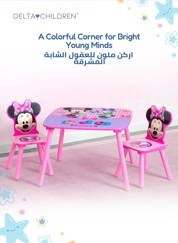 Minnie Mouse Kids Table & Chair Set with Storage Basket | Activity Study Craft Table for Girls | Pink Design | Durable Wood Build | 65.9x65.5x8.9 CM | Ages 3+
