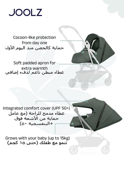 Aer² Newborn Nest to Seat | Compatible with Joolz Aer² Stroller | Airplane Friendly | Soft, Snug Protection | Adjustable Leg Rest | UPF 50+ Sun Protection | 0–15kg - Forest Green