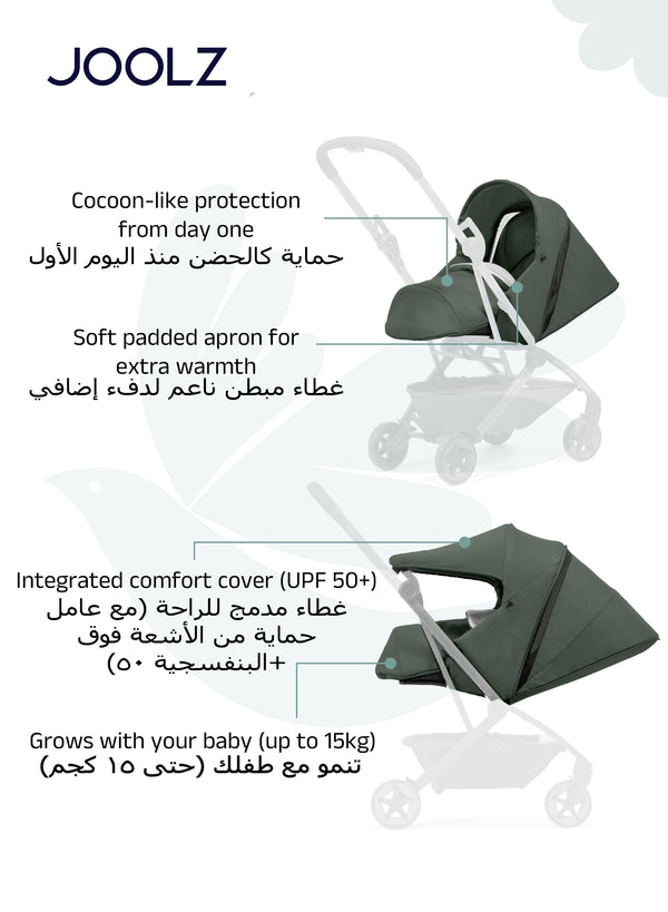 Aer² Newborn Nest to Seat | Compatible with Joolz Aer² Stroller | Airplane Friendly | Soft, Snug Protection | Adjustable Leg Rest | UPF 50+ Sun Protection | 0–15kg - Forest Green