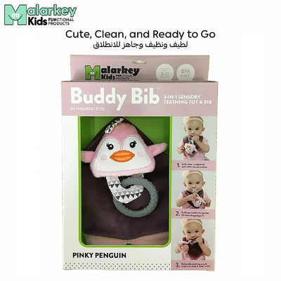 3-in-1 Sensory Teething Toy & Bib | Pinky Penguin | 100% Food Grade Silicone | Adjustable Strap | BPA Free | Soft & Reversible Bib | For Babies 2-3 Months | 26.16 x 18.79 x 4.82 CM - BB05PE