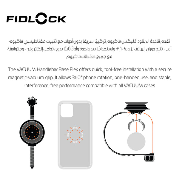 Universal VACUUM Handlebar Base Flex | Magnetic Smartphone Mount for Bicycles, Scooters & Strollers | 360° Rotatable | One-Handed Attachment | Fits 40 mm Bar Tubes | 6 × 4 × 3 cm