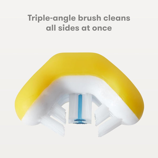 Frida Baby Training Toothbrush | Toddler Toothbrush for 18-24 Months, Easy-Grip Handle, Triple Angle Bristles, Soft Toothbrush Bristles, Stay-Put Suction Cup | Yellow