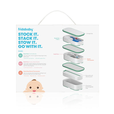 Frida Baby Mobile Medicine Cabinet Travel Kit | Baby Essentials Gift Set Includes NoseFrida Snotsucker, Rectal Thermometer, MediFrida Medicine Dispenser with Portable Carrying Case