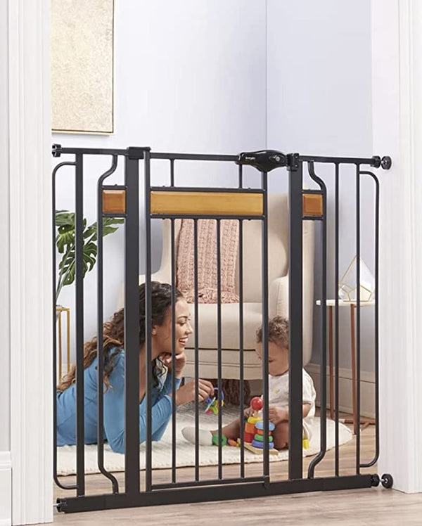 Home Accents Extra Tall Designer Baby Gate – Stylish Safety for Your Home | Pressure Mount & Walk-Through Door | Secure & Durable Metal Frame with Wood Accents