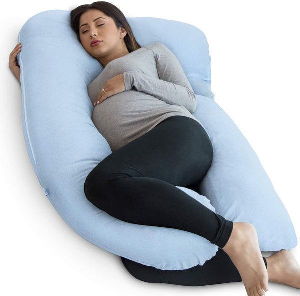 PharMeDoc Pregnancy Pillow, U-Shape (Jersey Blue, Detachable) Full Body Pillow and Maternity Support for Back, Hips, Legs, Belly for Pregnant Women, Jersey Light Blue