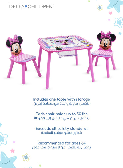 Minnie Mouse Kids Table & Chair Set with Storage Basket | Activity Study Craft Table for Girls | Pink Design | Durable Wood Build | 65.9x65.5x8.9 CM | Ages 3+