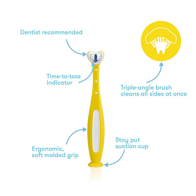 Frida Baby Training Toothbrush | Toddler Toothbrush for 18-24 Months, Easy-Grip Handle, Triple Angle Bristles, Soft Toothbrush Bristles, Stay-Put Suction Cup | Yellow