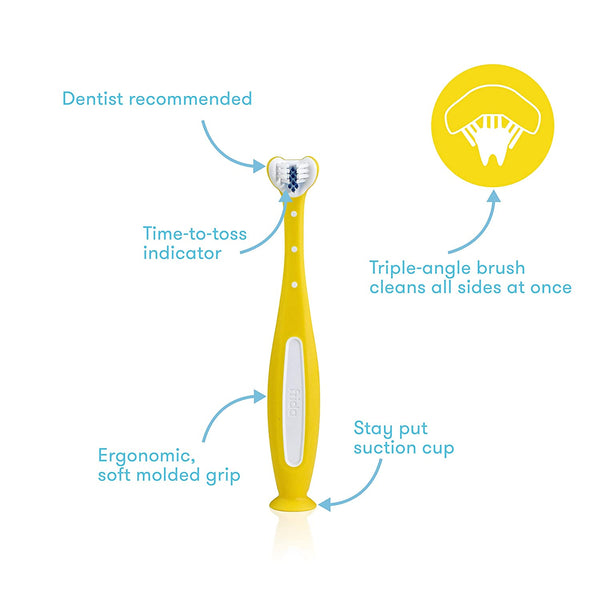 Frida Baby Training Toothbrush | Toddler Toothbrush for 18-24 Months, Easy-Grip Handle, Triple Angle Bristles, Soft Toothbrush Bristles, Stay-Put Suction Cup | Yellow