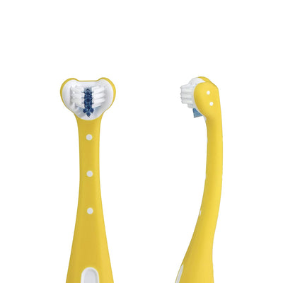 Frida Baby Training Toothbrush | Toddler Toothbrush for 18-24 Months, Easy-Grip Handle, Triple Angle Bristles, Soft Toothbrush Bristles, Stay-Put Suction Cup | Yellow
