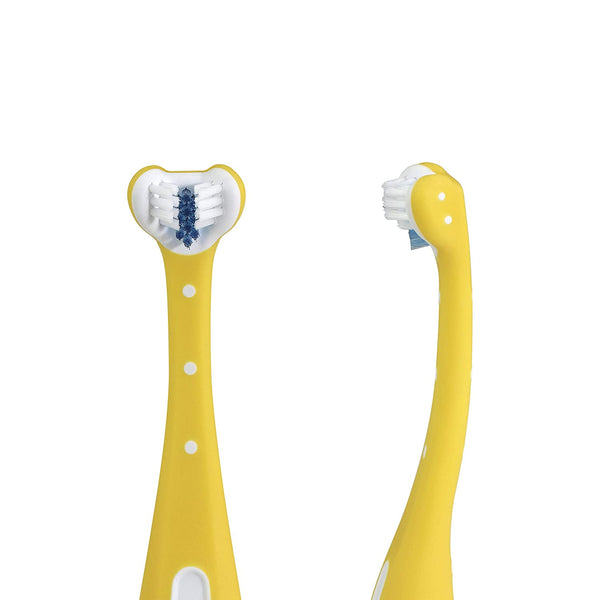 Frida Baby Training Toothbrush | Toddler Toothbrush for 18-24 Months, Easy-Grip Handle, Triple Angle Bristles, Soft Toothbrush Bristles, Stay-Put Suction Cup | Yellow