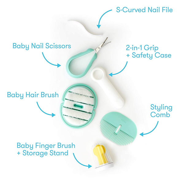 Fridababy Baby Grooming Kit by Fridababy (Includes Finger Brush with Storage Stand, Hair Brush with Case Styling Hair Comb, Easy Grip Nail Scissors with Nail File and Case)