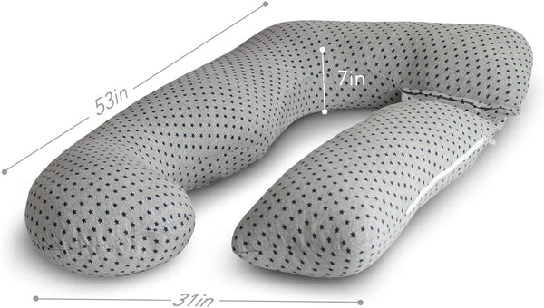 PharMeDoc Pregnancy Pillow, U-Shape (Jersey Grey Stars Pattern, Detachable) Full Body Pillow and Maternity Support for Back, Hips, Legs, Belly for Pregnant Women, Jersey Grey Stars