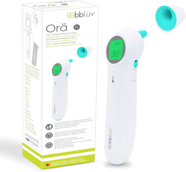 Bblüv ORA 5-in-1 Baby Thermometer – Fast & Accurate Ear, Forehead, Room, Liquid & Object Temperature Reader with Digital Display & Memory Function