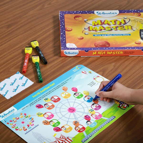 Kids Write and Wipe Math Master Activity Mats | Educational Reusable Maths Practice Game | Addition Multiplication Times Tables Learning Toy | 6-9 Years