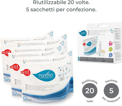 Nuvita Microwave Steam Sterilizer Bag | Quick & Easy Sterilization | For Baby Bottles, Breast Pumps, Spoons, Forks | Reusable 20x | 99.9% Germ Elimination | 20 x 6 x 20 cm