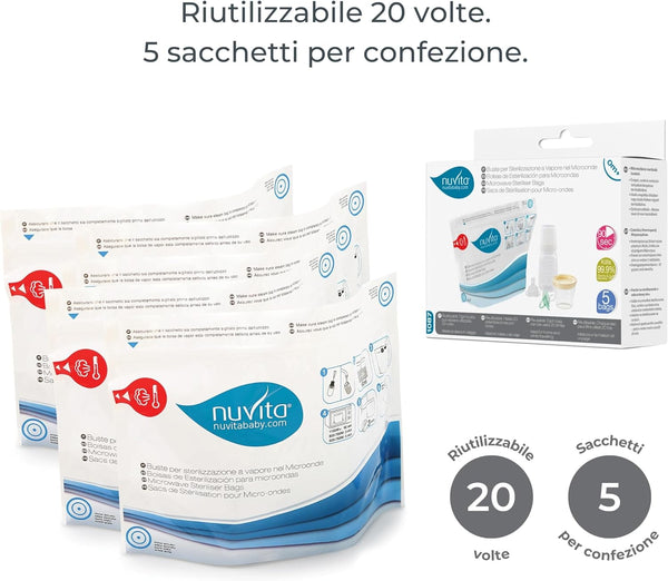 Nuvita Microwave Steam Sterilizer Bag | Quick & Easy Sterilization | For Baby Bottles, Breast Pumps, Spoons, Forks | Reusable 20x | 99.9% Germ Elimination | 20 x 6 x 20 cm