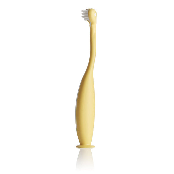 Frida Baby Training Toothbrush | Toddler Toothbrush for 18-24 Months, Easy-Grip Handle, Triple Angle Bristles, Soft Toothbrush Bristles, Stay-Put Suction Cup | Yellow